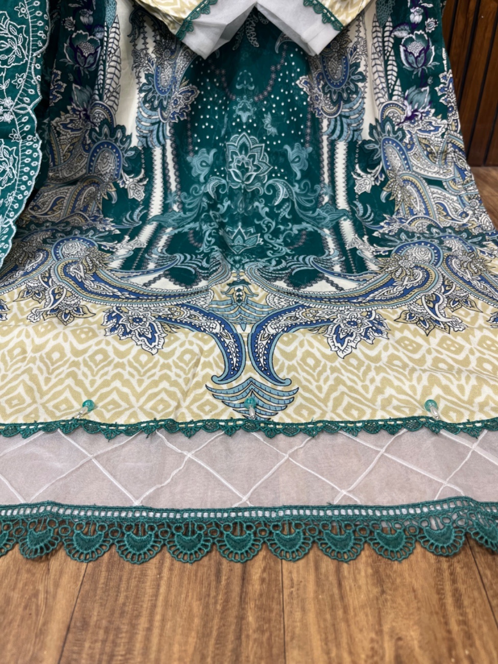 teal green  shade with elegant digital paisley and floral print all over-2