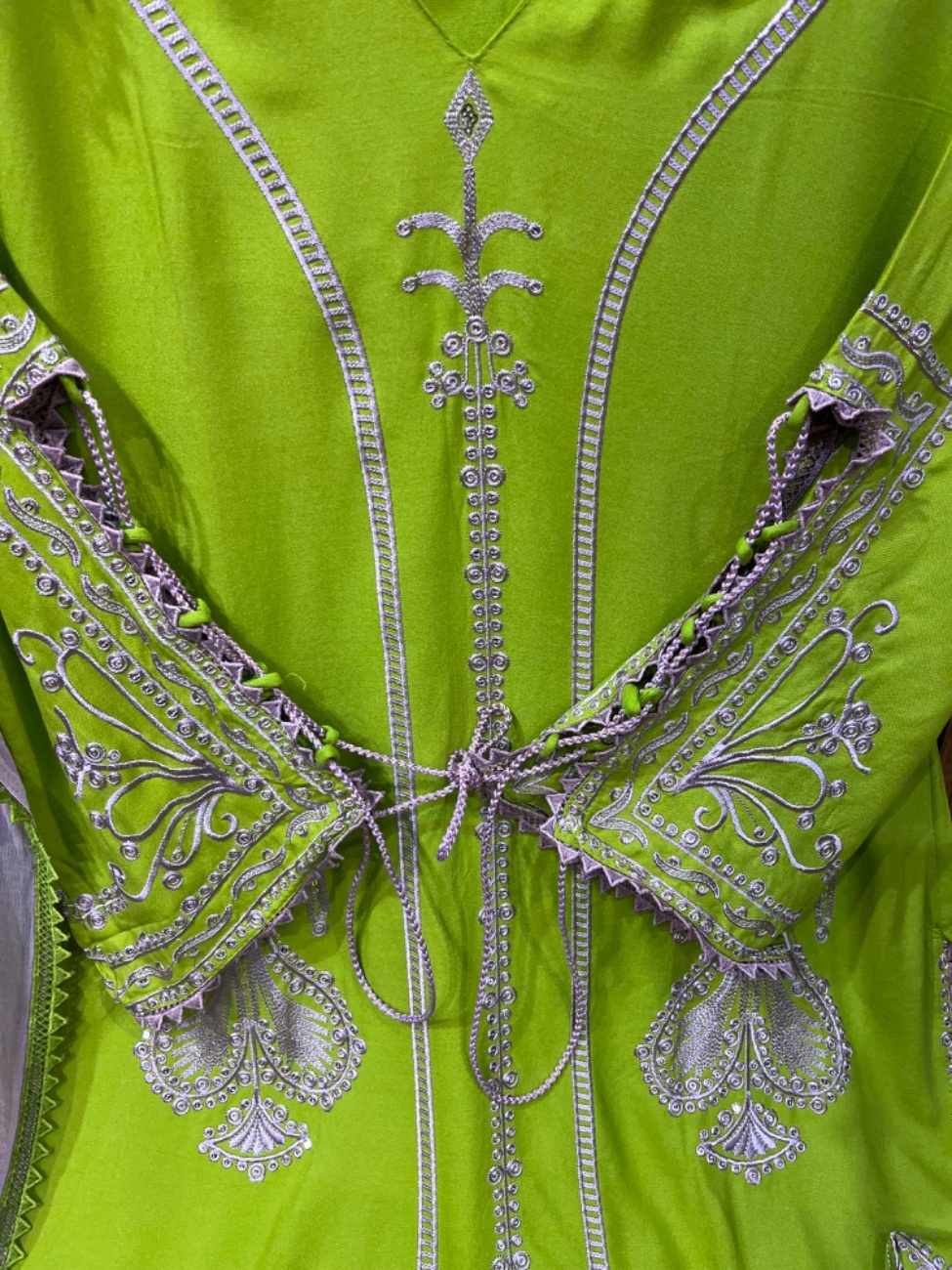 Neon lime green color paired beautifully with a soft pastel lavender dupatta-1