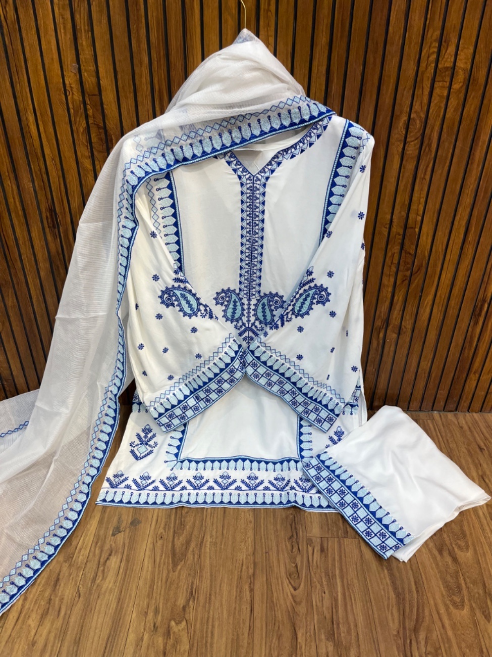 White royal blue thread embroidery work with a classy ethnic design.-0