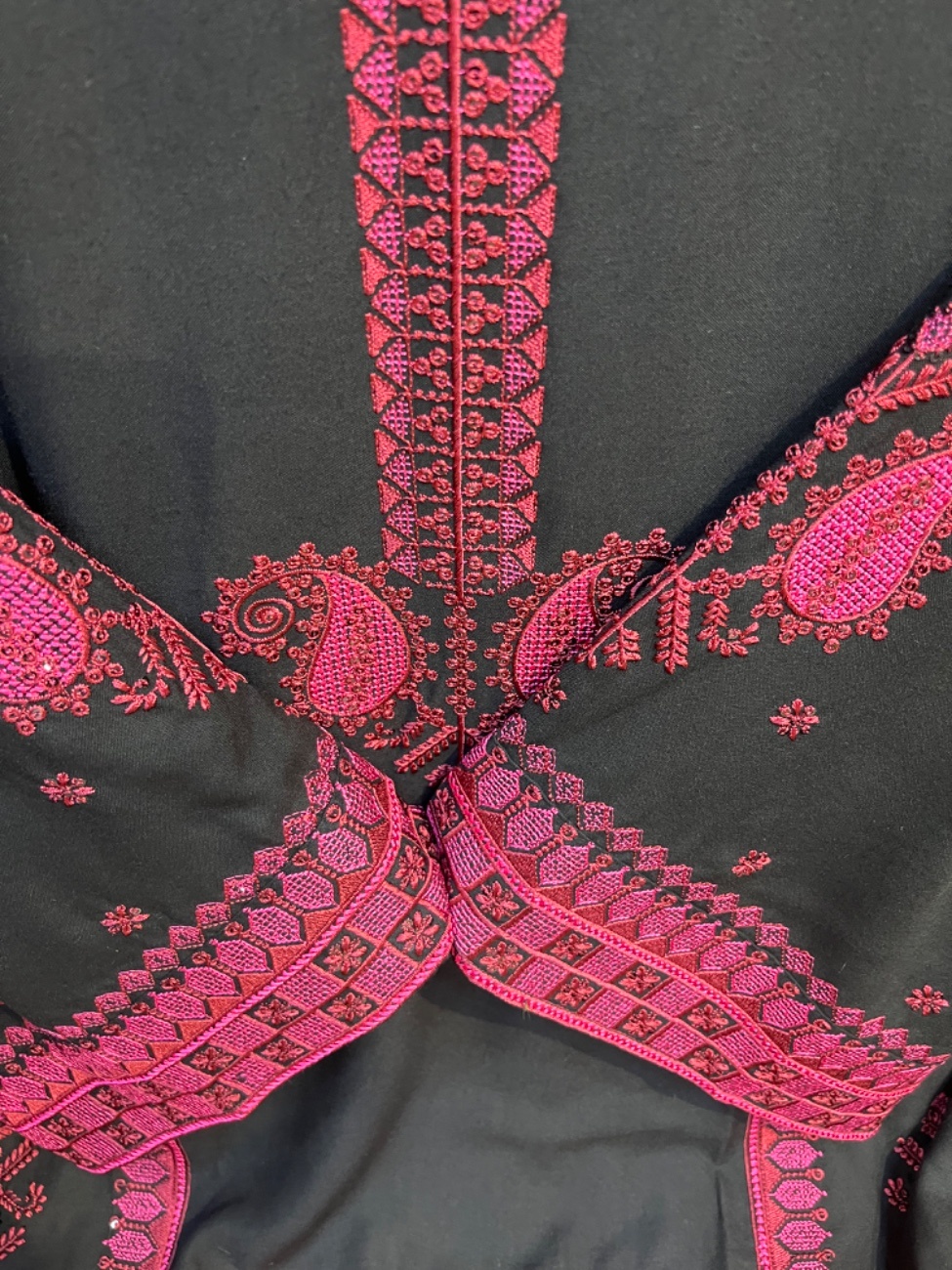 Black magenta pink thread embroidery work with a classy ethnic design.-1