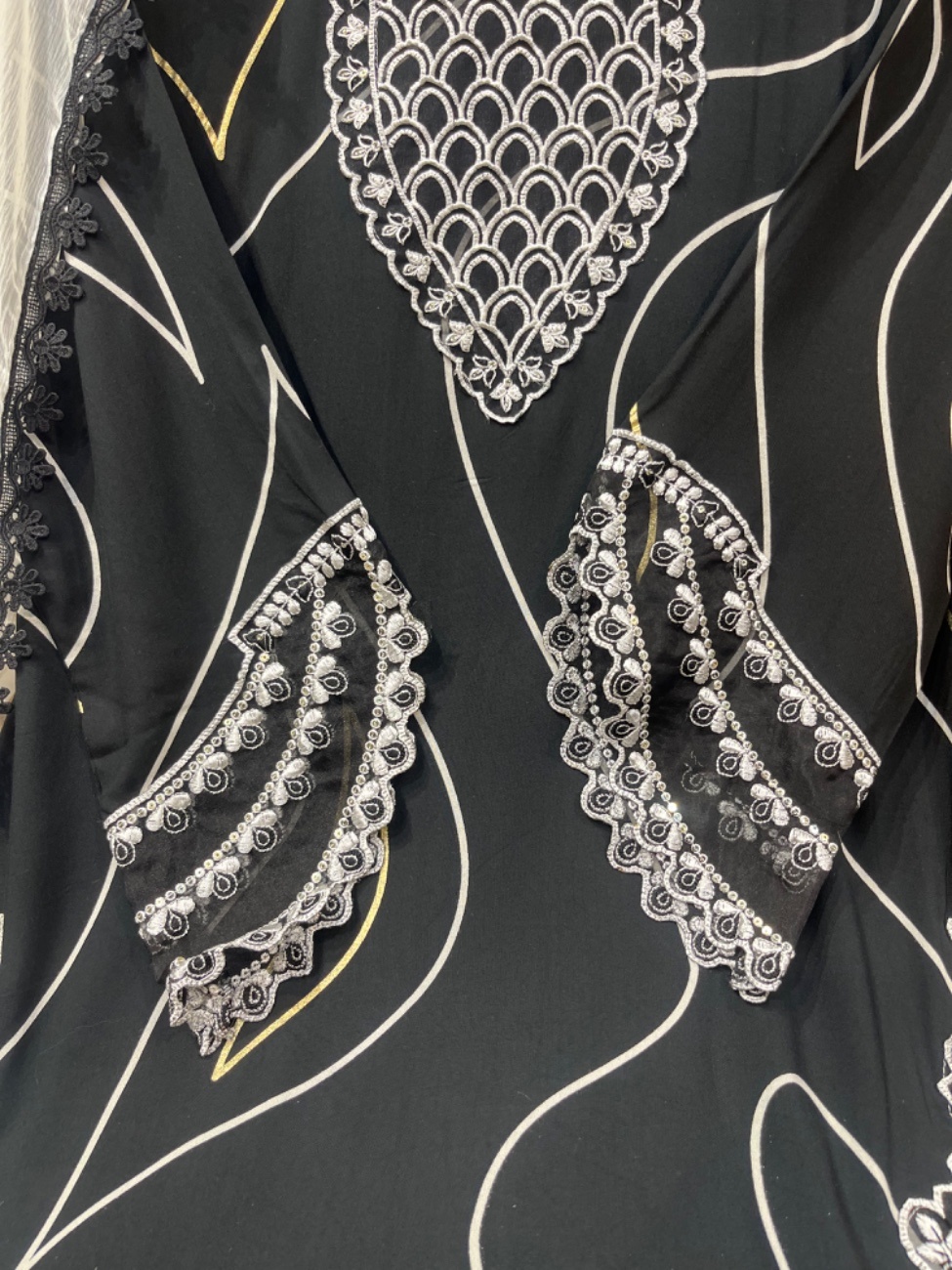 Black and white rayon suit with neck cutwork and daman cutwork with comfortable pant with pattern-1