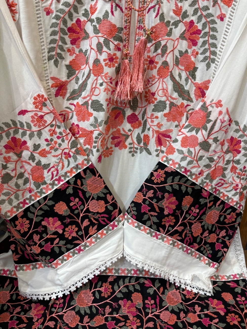 Elegant white rayon suit set featuring intricate Kashmiri embroidery work in vibrant floral patterns-1