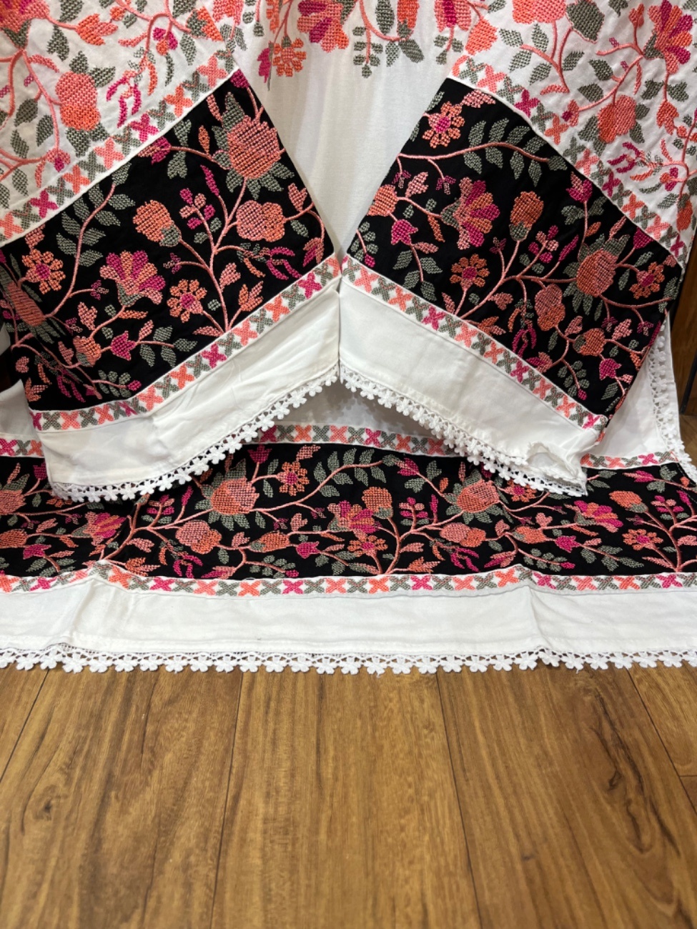 Elegant white rayon suit set featuring intricate Kashmiri embroidery work in vibrant floral patterns-2