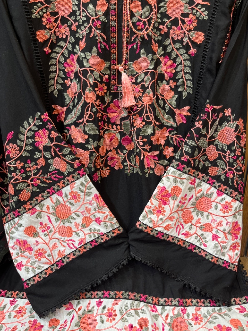Elegant Black rayon suit set featuring intricate Kashmiri embroidery work in vibrant floral patterns-1