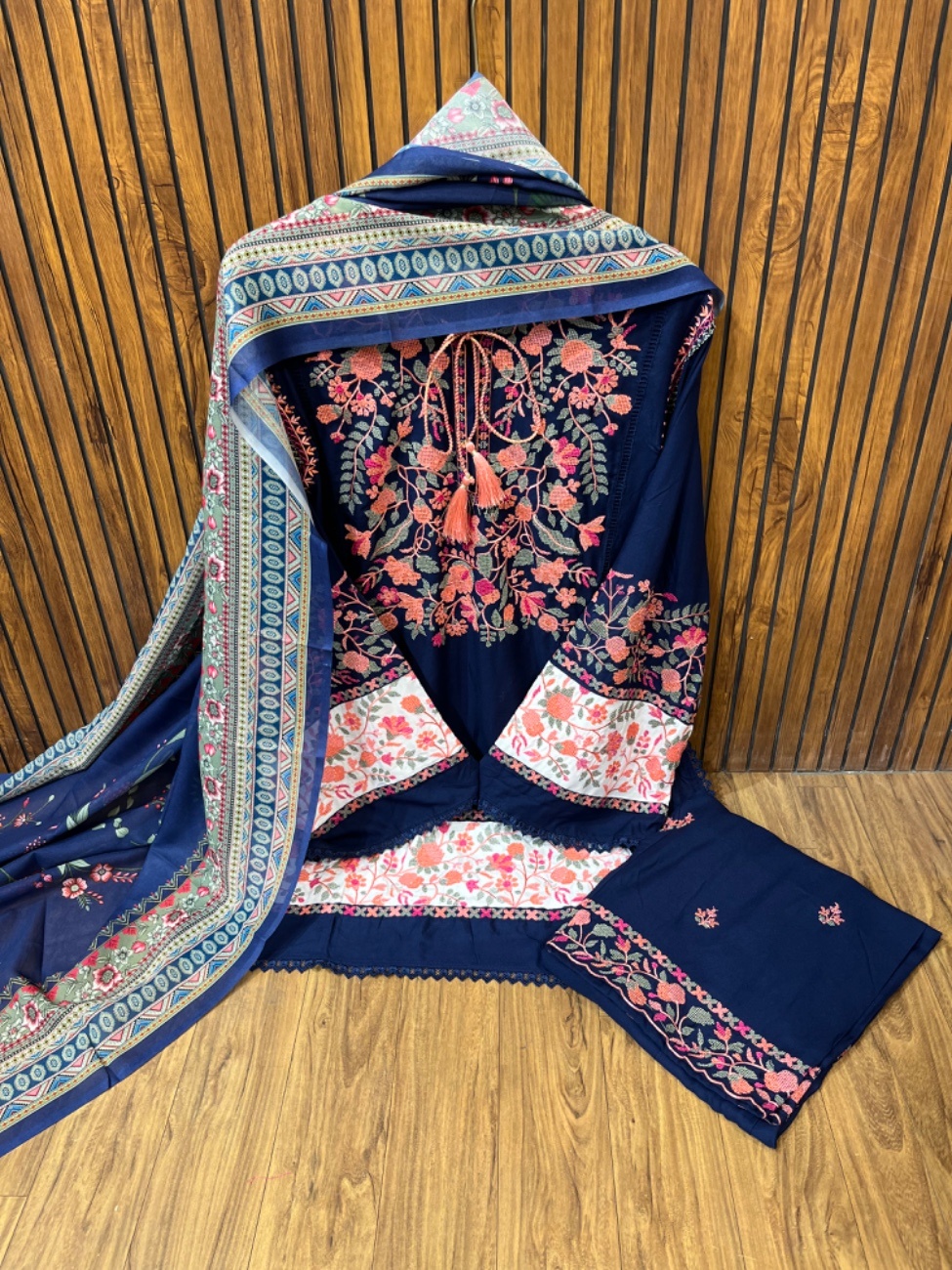 Elegant navi blue rayon suit set featuring intricate Kashmiri embroidery work in vibrant floral patterns-0