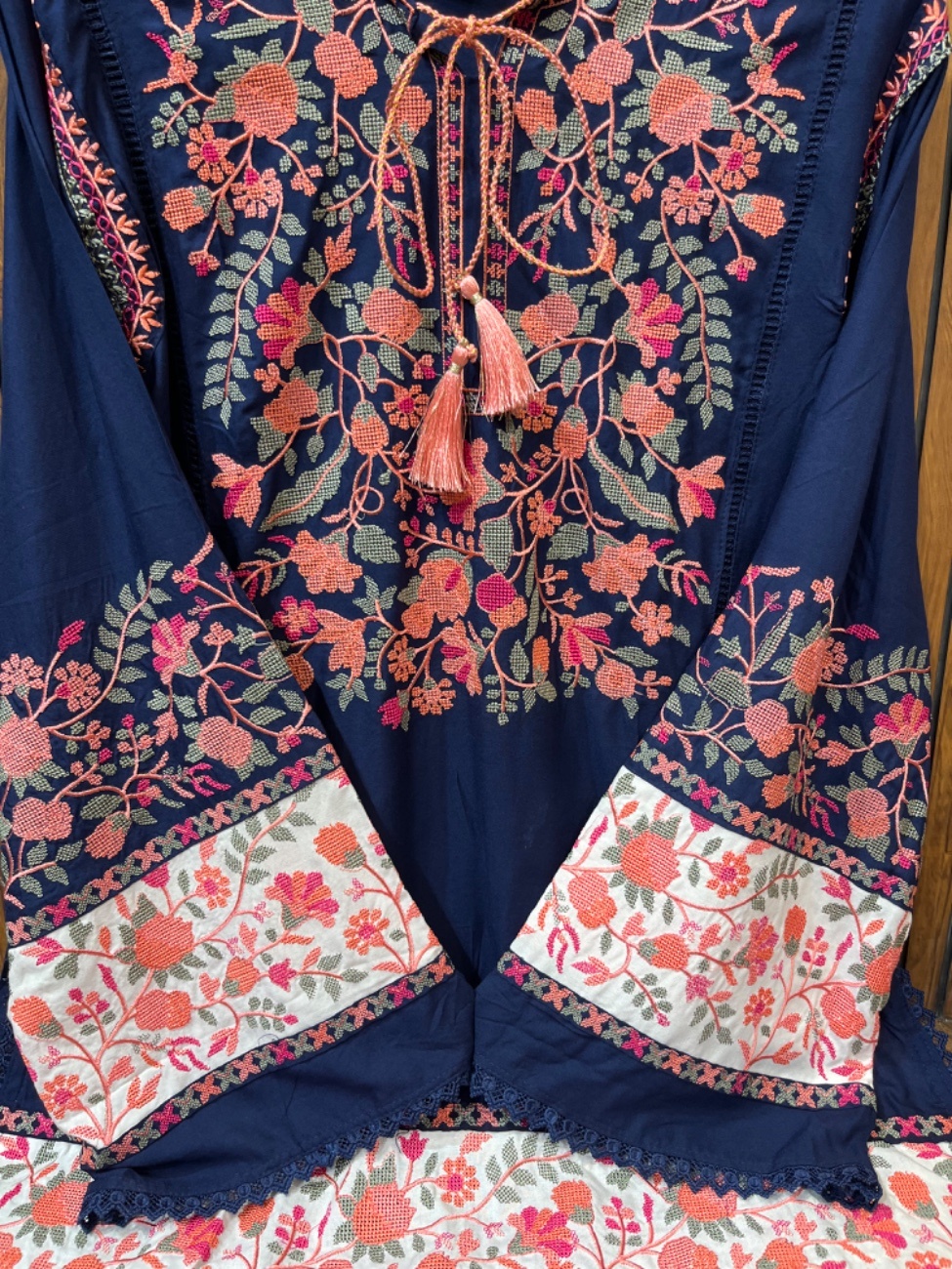 Elegant navi blue rayon suit set featuring intricate Kashmiri embroidery work in vibrant floral patterns-1