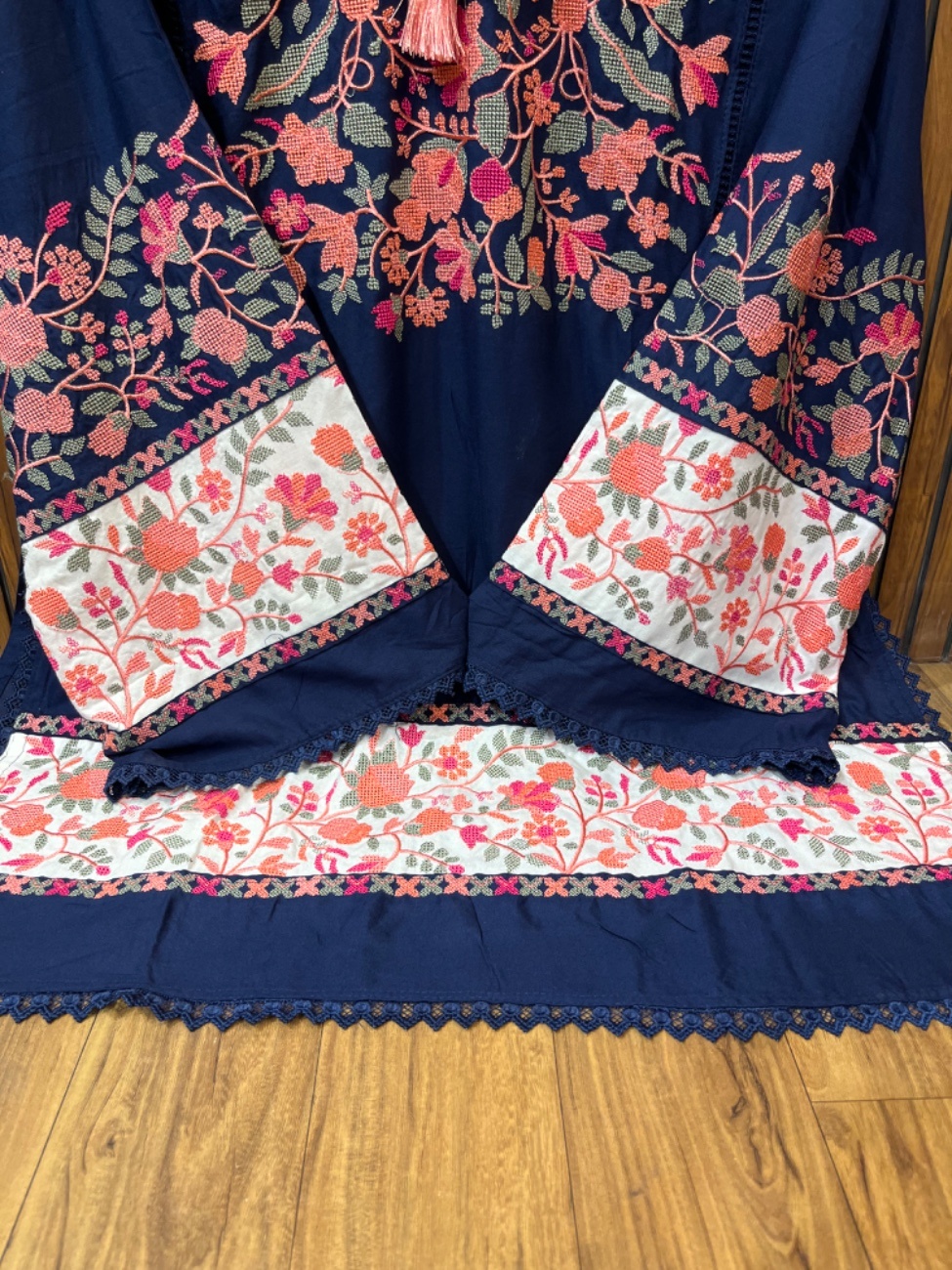 Elegant navi blue rayon suit set featuring intricate Kashmiri embroidery work in vibrant floral patterns-2