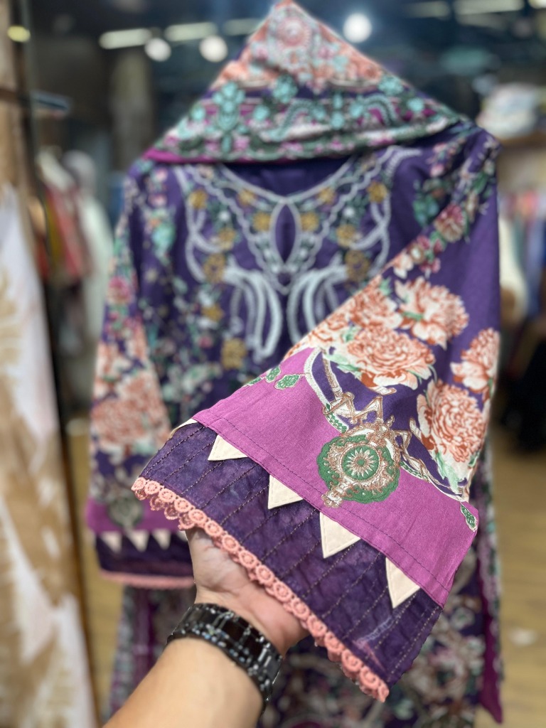 Royal Purple Floral Embroidered Premium Cotton Suit-1