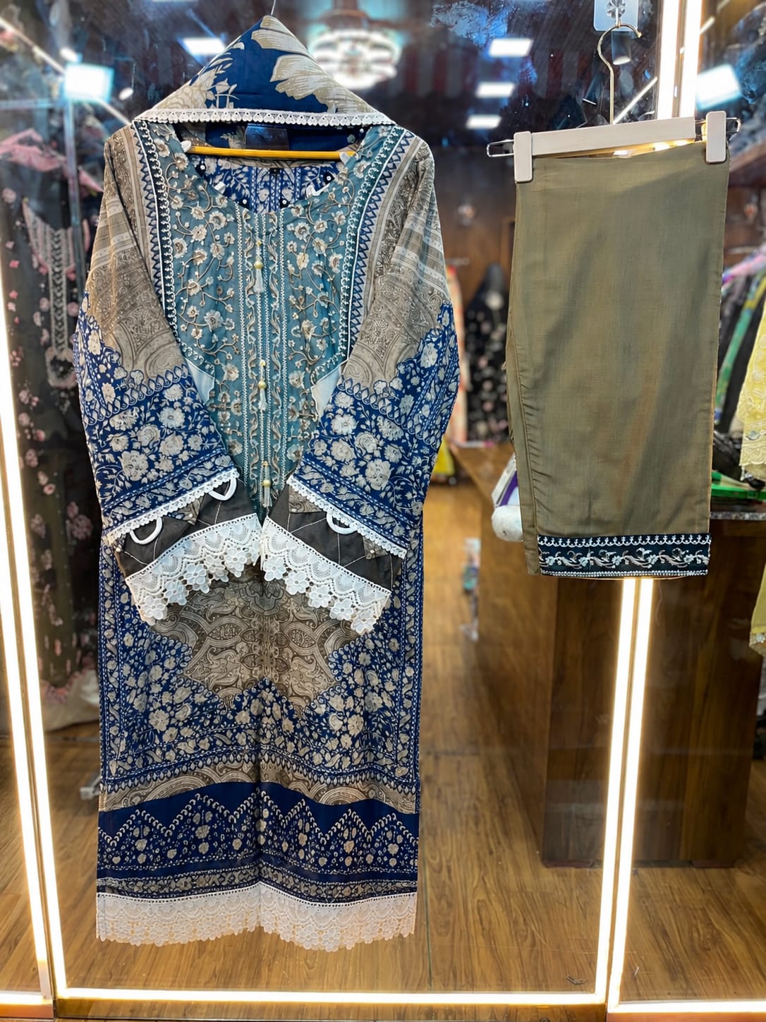 Steel Blue & Taupe Grey Patch Work Cotton Suit