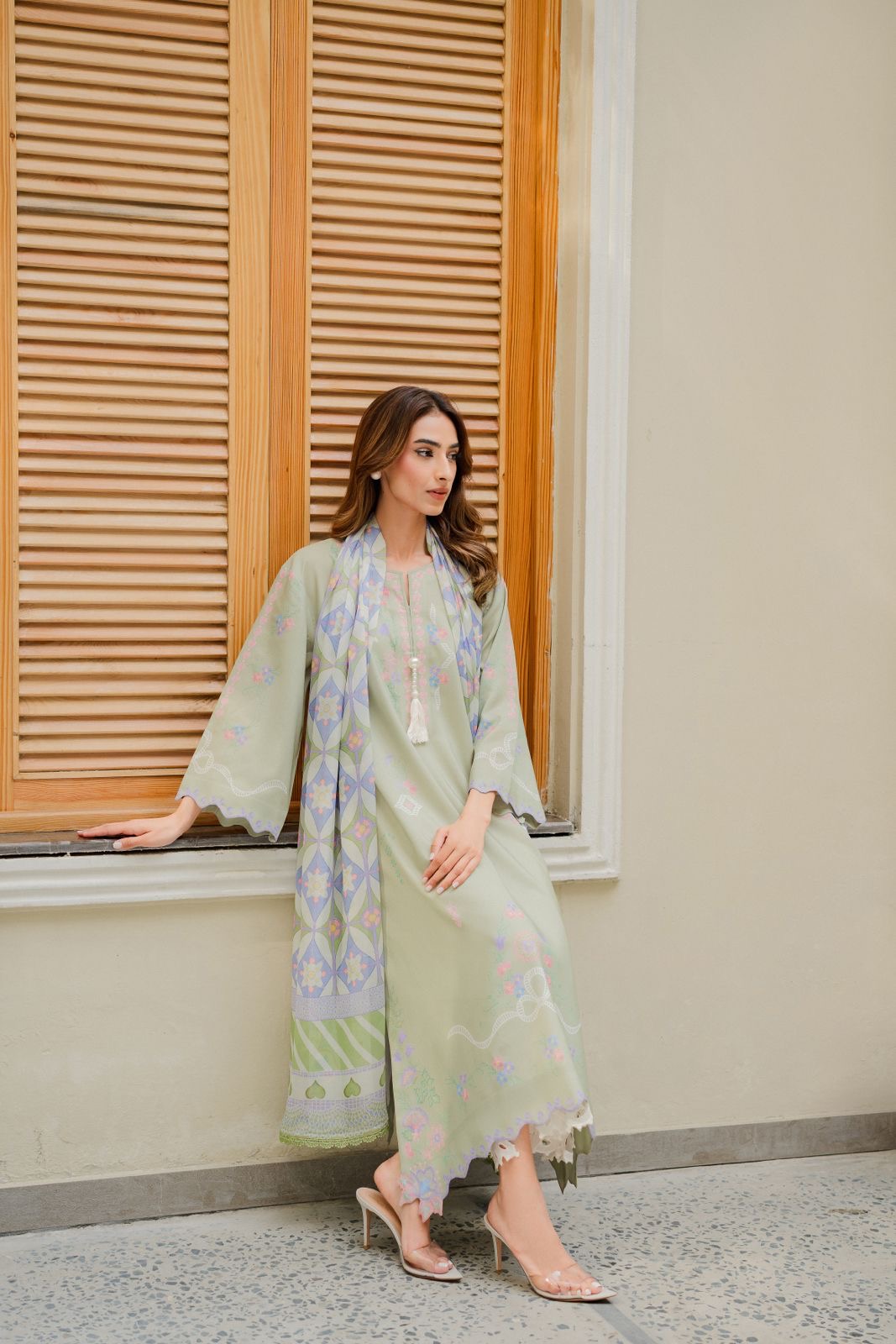 Pastel Green Premium Kaftan with cutwork Linen pant