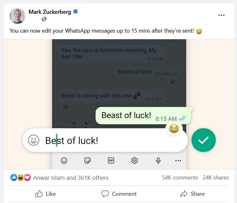 Mark Zuckerberg Status about WhatsApp message editing