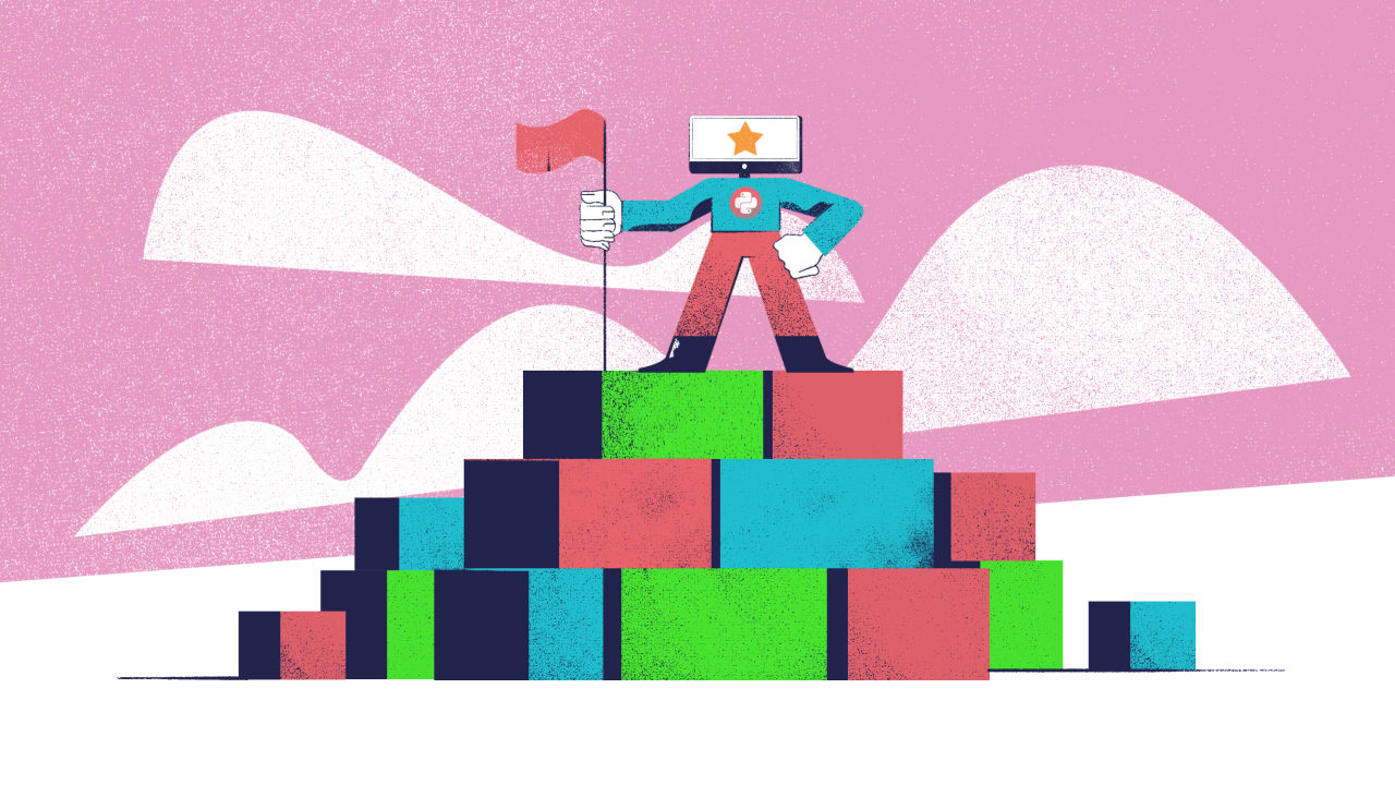 Python Guru planting a flag atop of a mountain made of abstract cubes, representing his progress in learning to code. With a dark pink background to match the day 30 image.