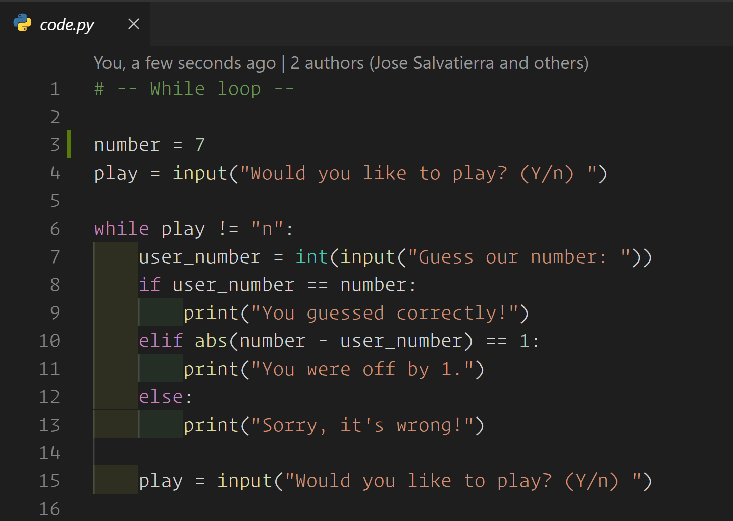 Python code where each level of indentation has the tab character coloured in with a slightly different light colour