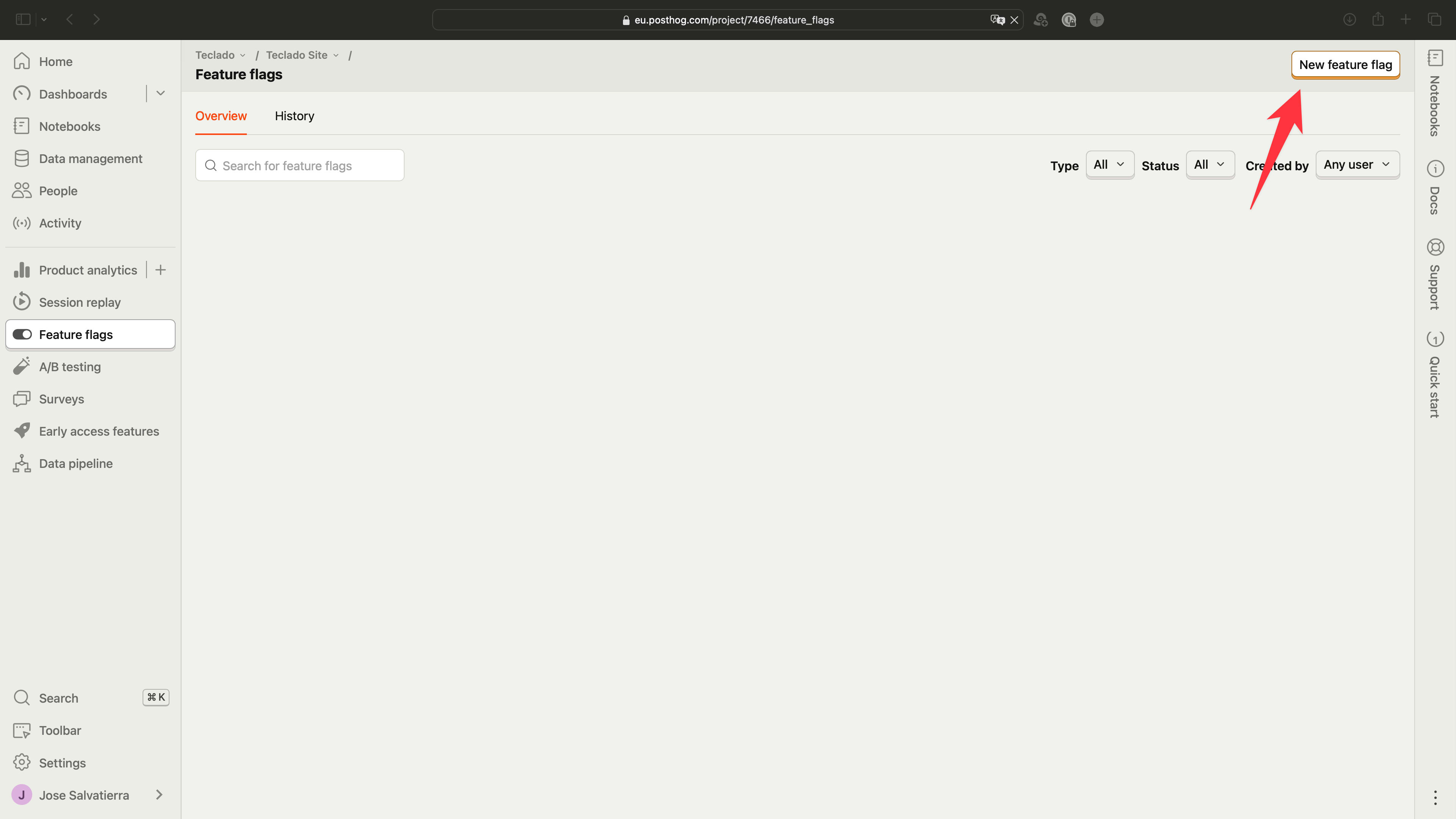 Screenshot highlighting the button to create a new feature flag on the top right side of the screen
