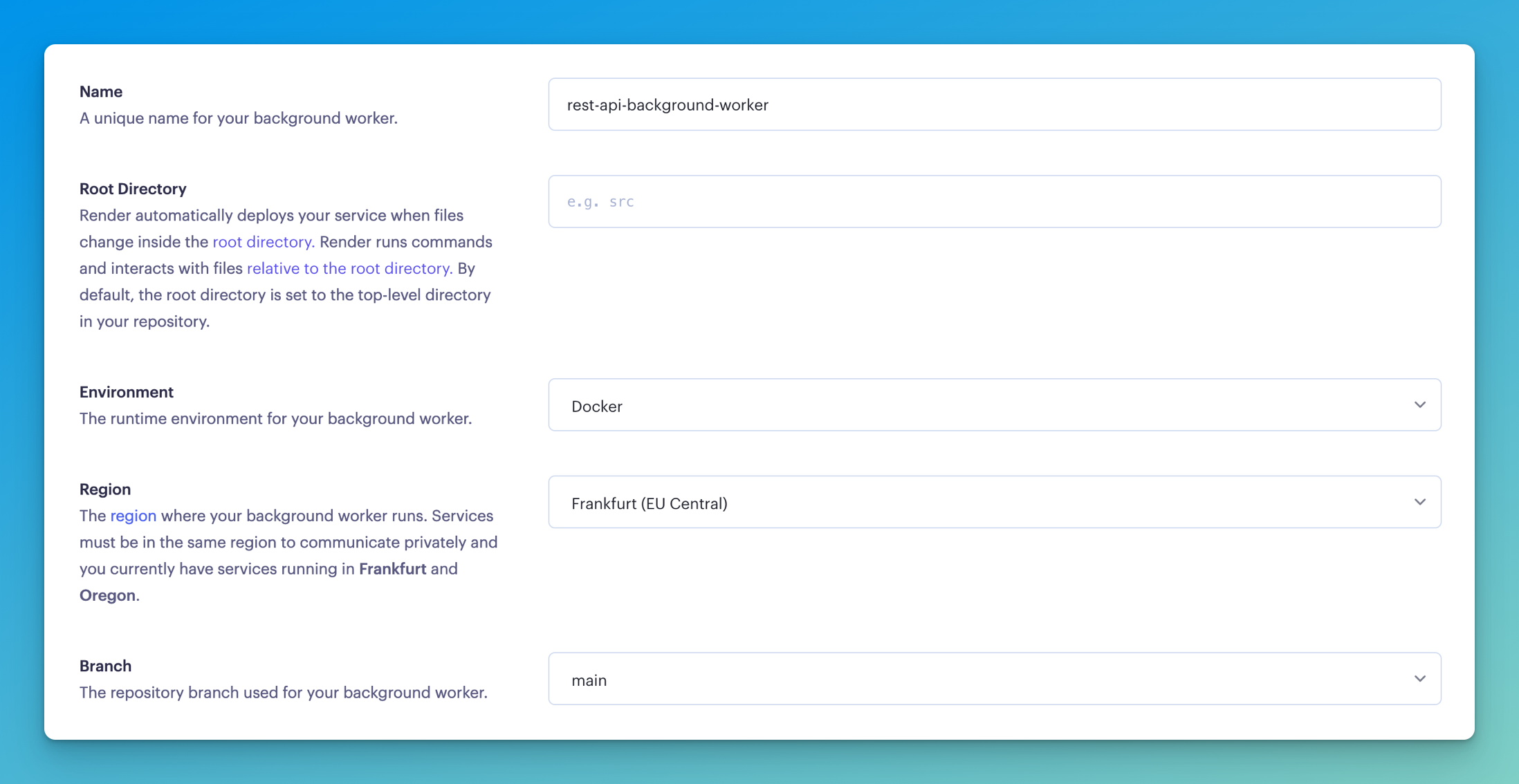 Filling in the Render basic worker information with its name set to 'rest-api-background-worker', environment set to 'docker', and region set to 'Frankfurt'