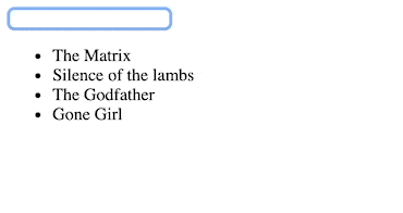 Gif showing the field being typed on, and movies whose name starts with what is being typed dynamically appear on the page