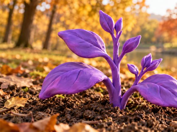 A purple plant in the dirt.