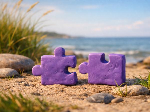 Lila pusselbitar på sanden.