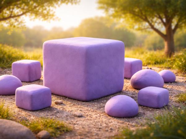 En lila kub och stenar i jorden.