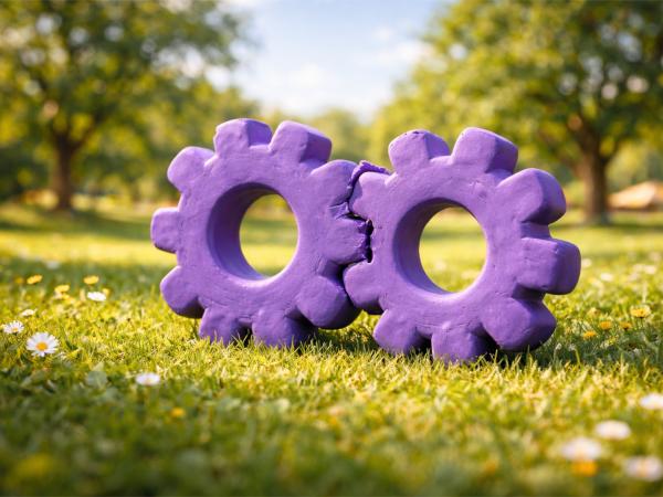 Två lila kugghjul på gräs.