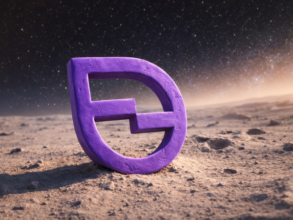 En lila bokstav på sand.