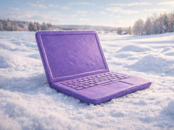 En lila laptop i snön.
