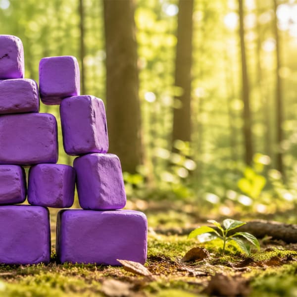 A stack of purple bricks in the woods.