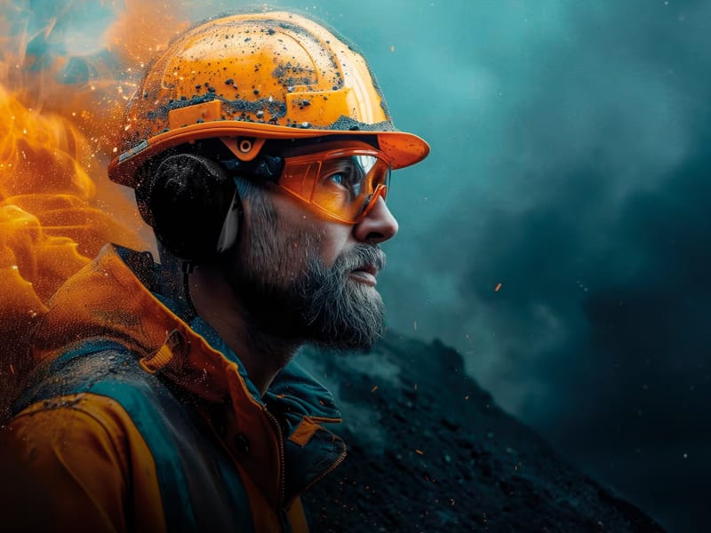 A person wearing a hard hat and goggles.