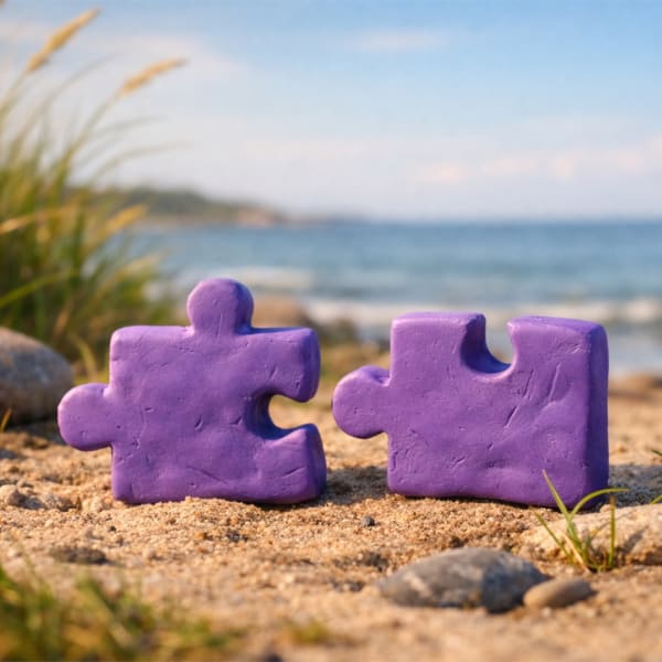 Lila pusselbitar på sanden.