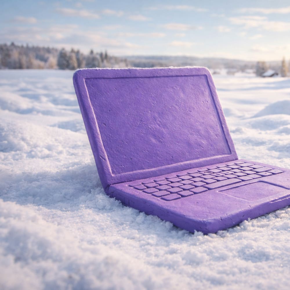 En lila laptop i snön.
