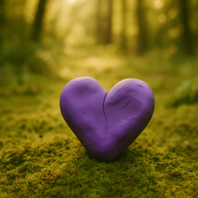 Ett lila hjärta på mossa.
