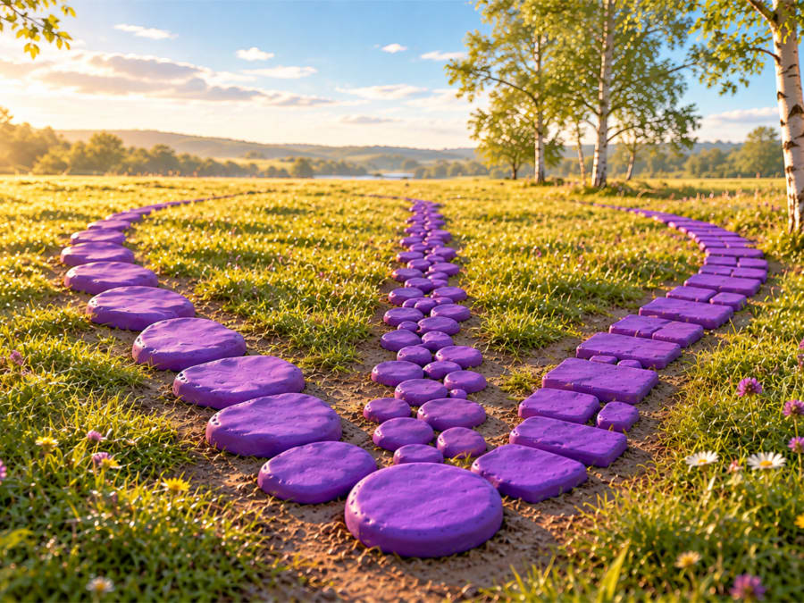 A purple stone path in a field.