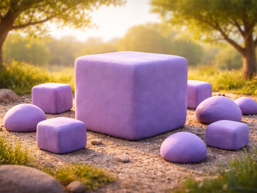 En lila kub och stenar i jorden.