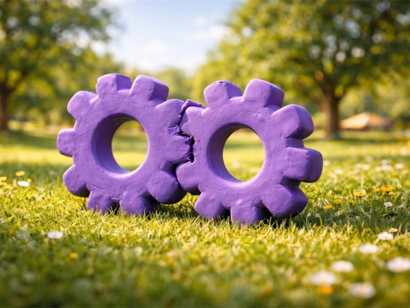 Två lila kugghjul på gräs.