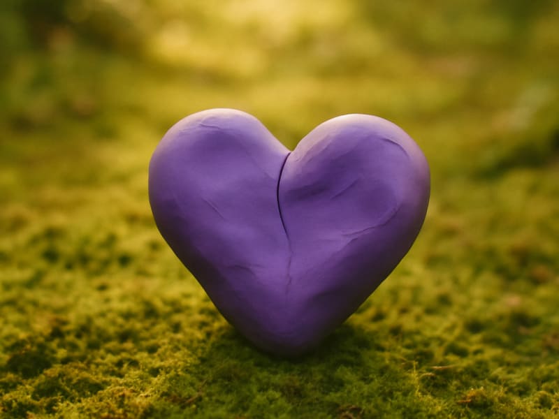 En lila hand som håller en boll.