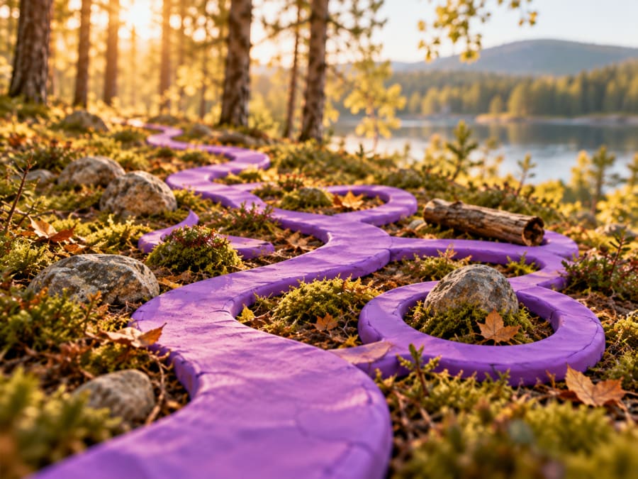 En lila stig i skogen.