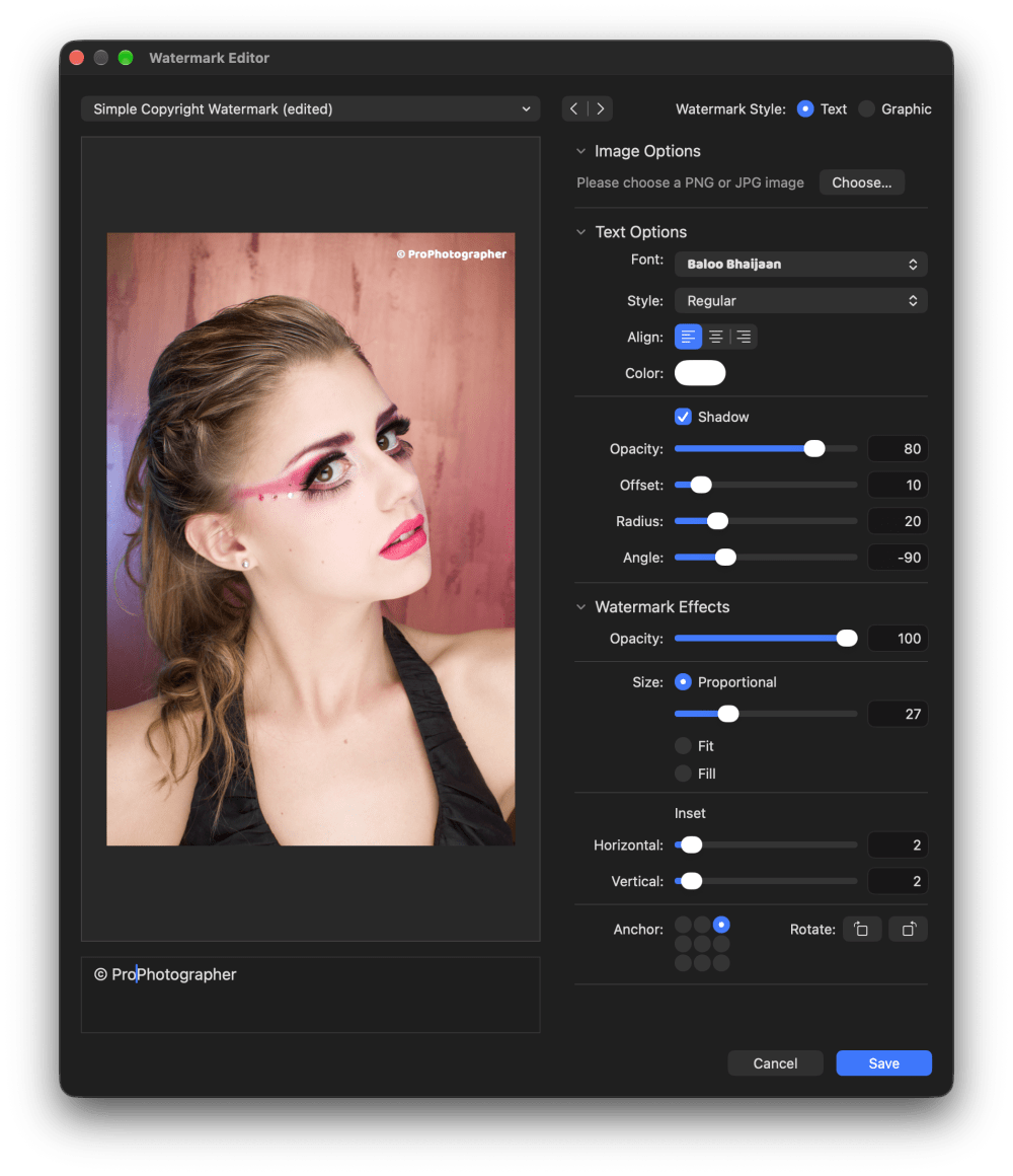The Watermark Editor with a text copyright watermark over a portrait