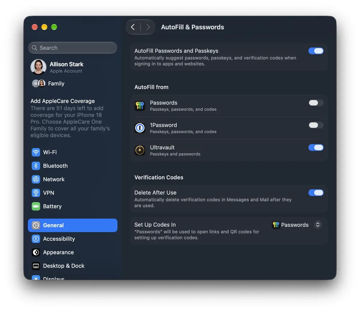 System Settings on the Mac, General › AutoFill & Passwords, with AutoFill Passwords and Passkeys on and Ultravault switched on under AutoFill from
