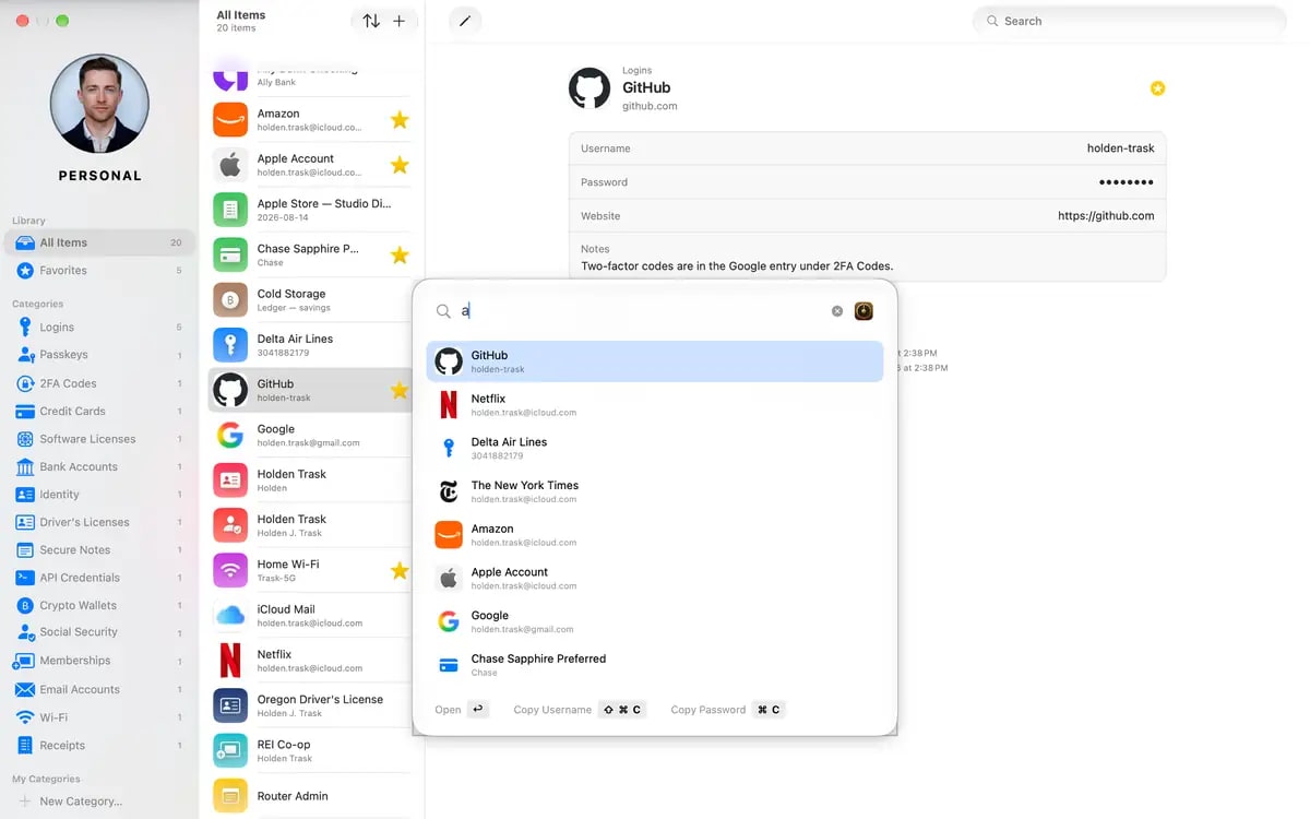 Ultravault on the Mac: the Personal vault with the GitHub login open and the Quick Access search panel listing matching items