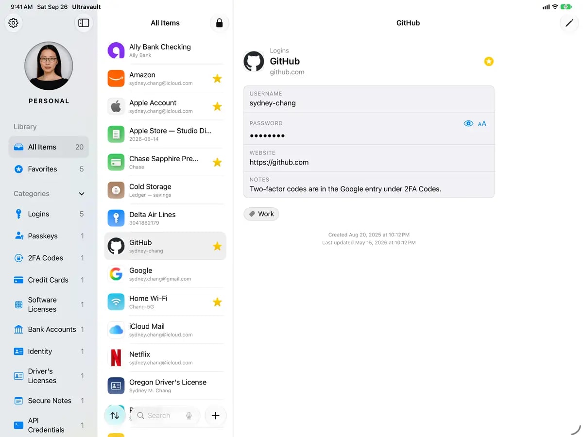 Ultravault on iPad: the category sidebar, the All Items list, and the details for a GitHub login