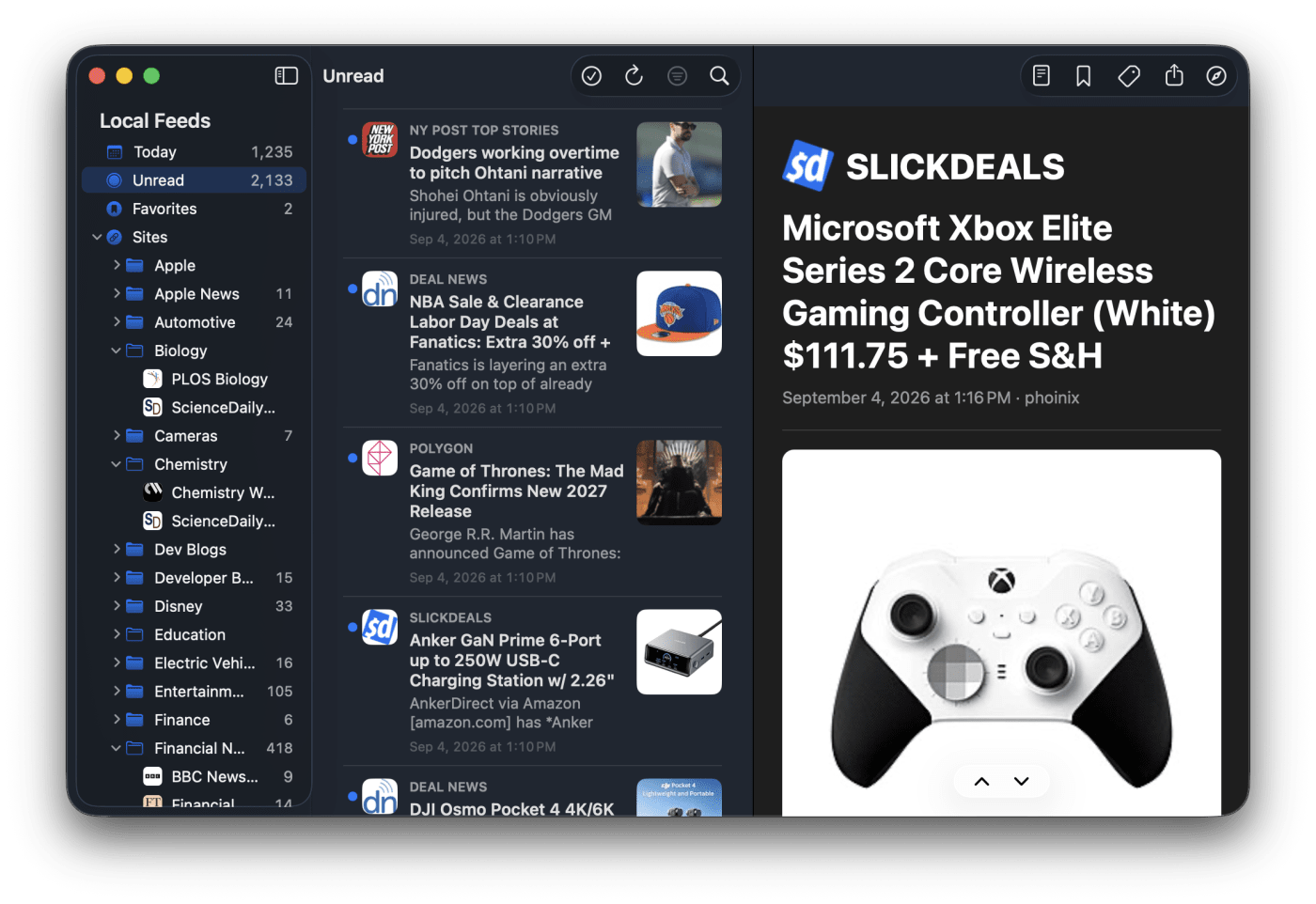 Organized folders of sites in the uRSS for Mac sidebar