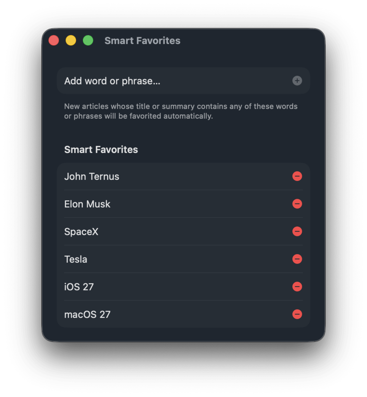 Smart Favorites settings in uRSS for Mac