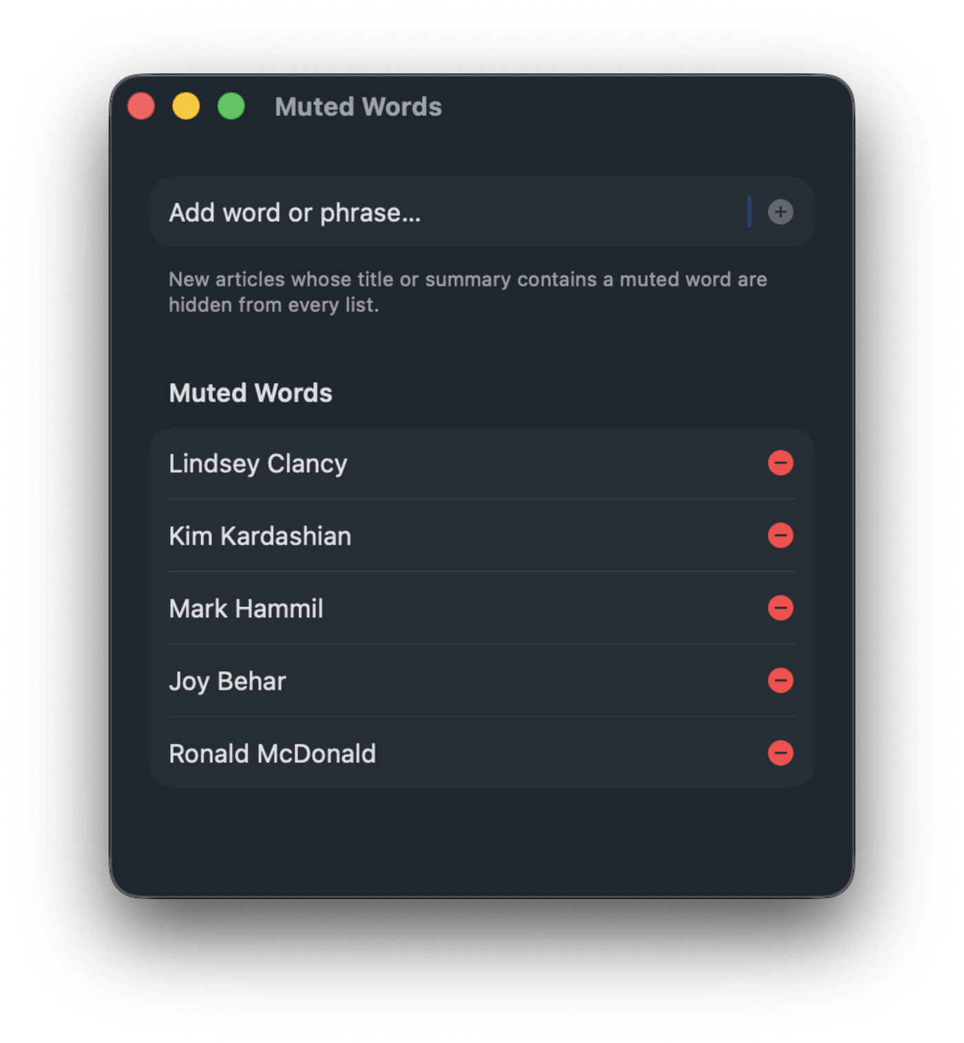 Muted Words settings in uRSS for Mac