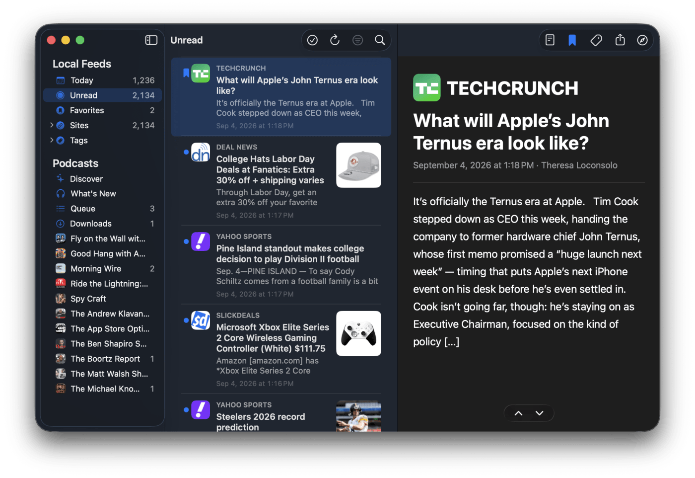 uRSS for Mac showing the sidebar, article list, and reader side by side