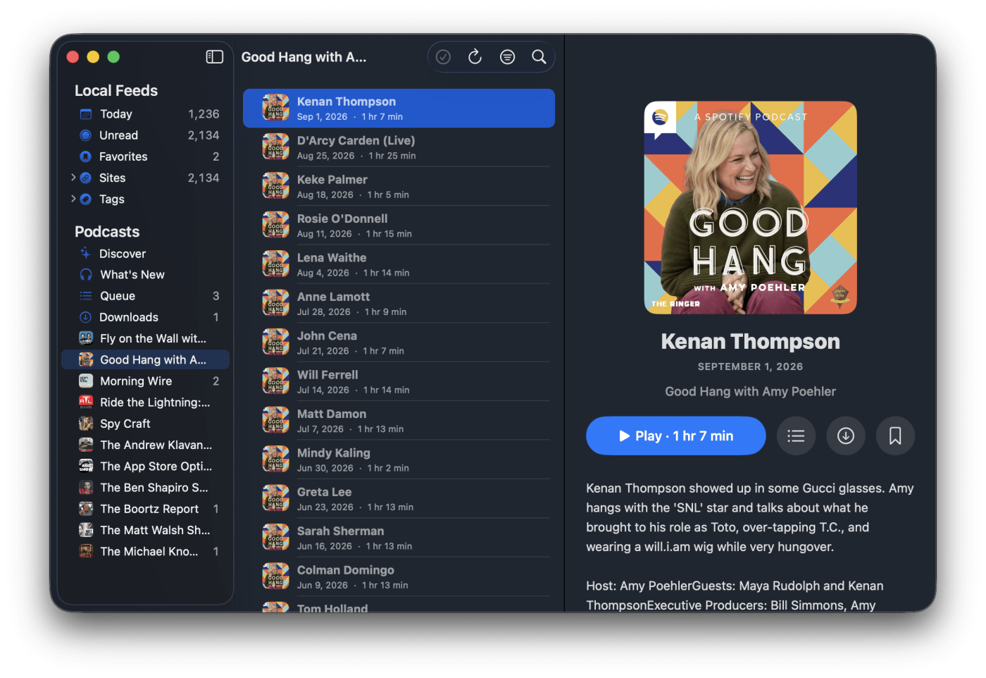 Podcast episode list and show detail in uRSS for Mac