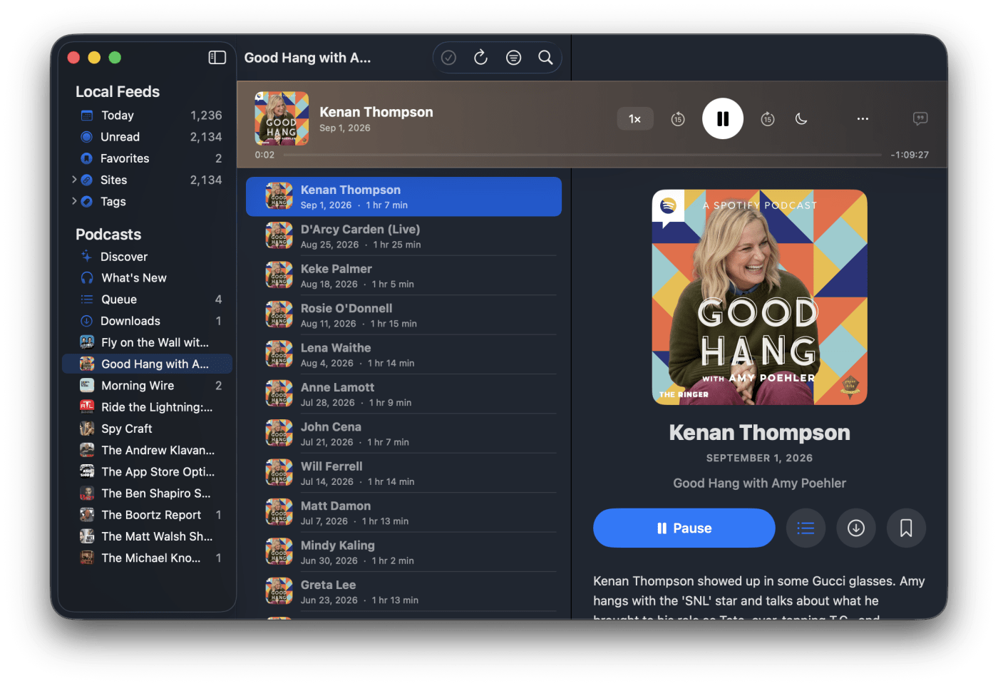 The playback bar docked above the article list in uRSS for Mac