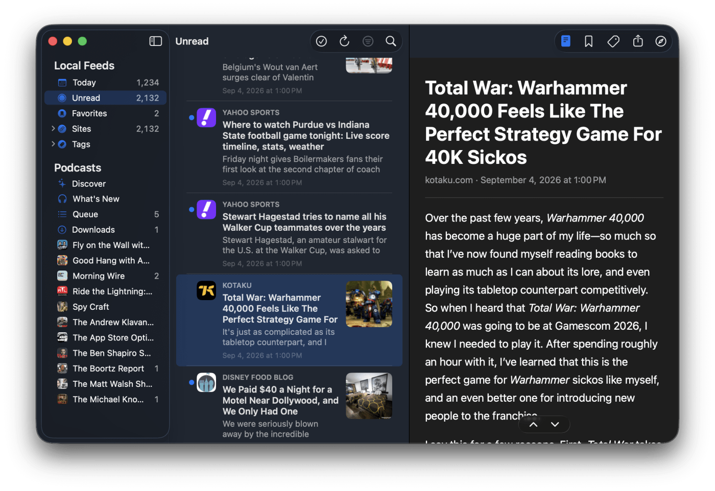 Distraction-free reader view in uRSS for Mac