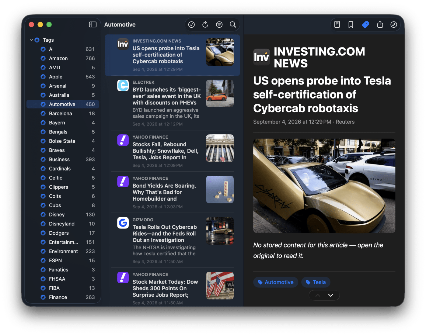 Articles automatically tagged by machine learning, browsable in the Tags sidebar of uRSS for Mac