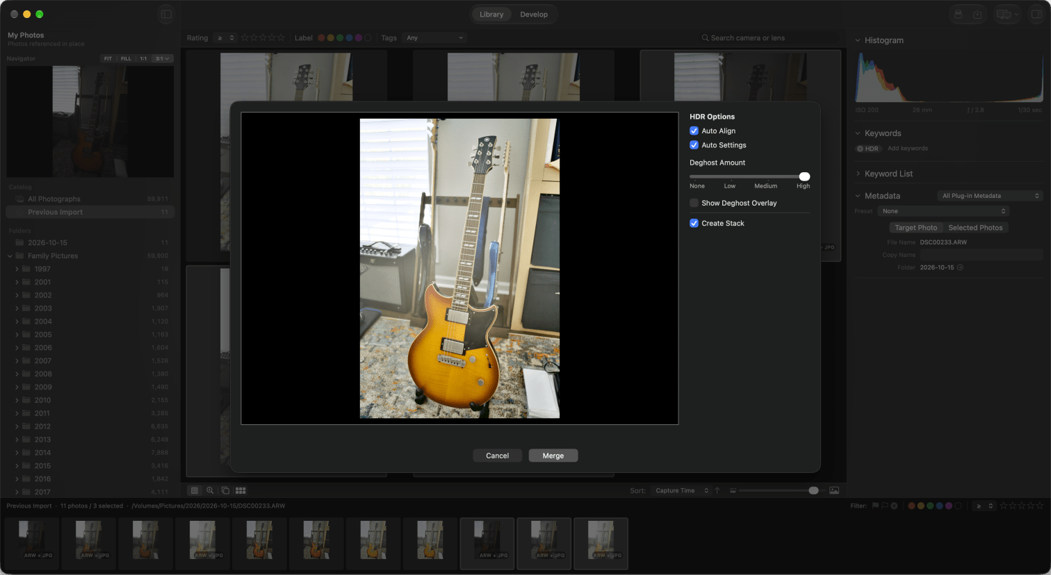 The HDR Merge Preview sheet with Auto Align, Auto Settings and Deghost Amount options over three bracketed guitar photos