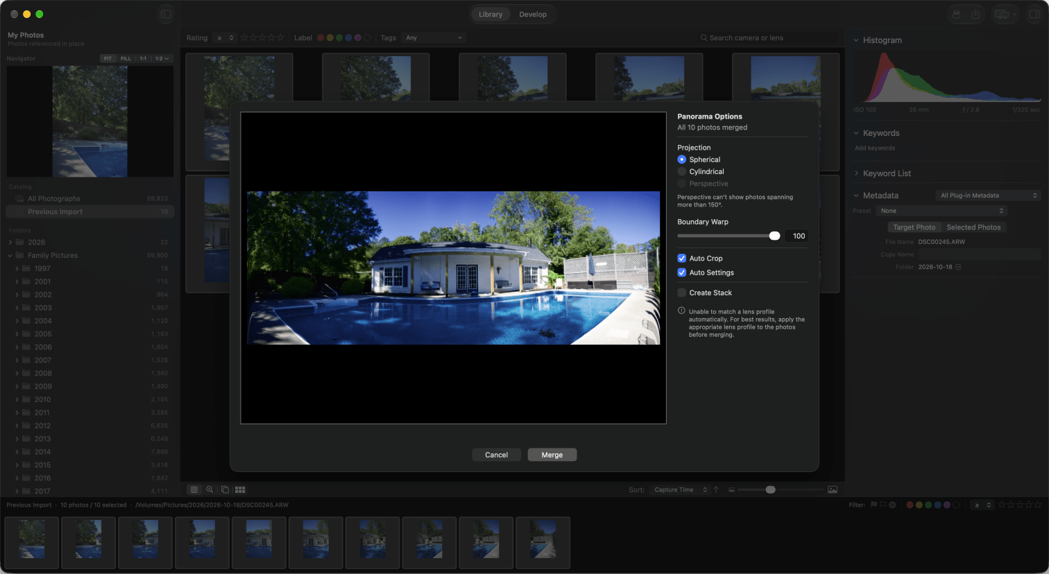 The Panorama Merge Preview sheet showing ten photos of a pool house merged with a spherical projection